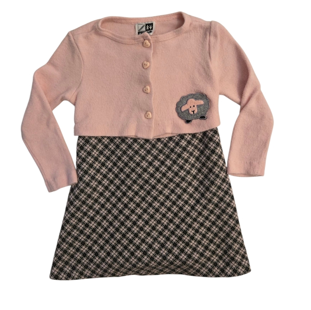 Vintage Y2k Pink Black Grey Plaid Dress Sheep Patch Cardigan